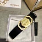 Dây lưng Versace nam siêu cấp đen mặt khóa lục giác vàng