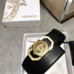 Dây lưng Versace nam siêu cấp đen mặt khóa lục giác vàng