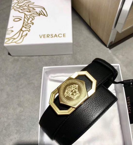Dây lưng Versace nam siêu cấp đen mặt khóa lục giác vàng