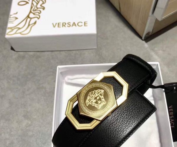 Dây lưng Versace nam siêu cấp đen mặt khóa lục giác vàng