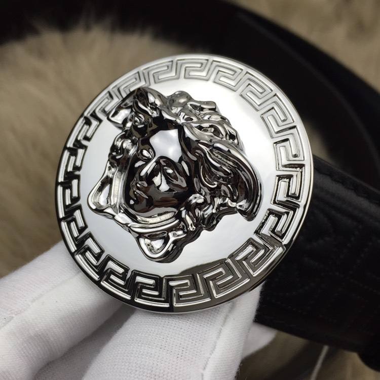 Dây lưng Versace nam đen mặt tròn trắng