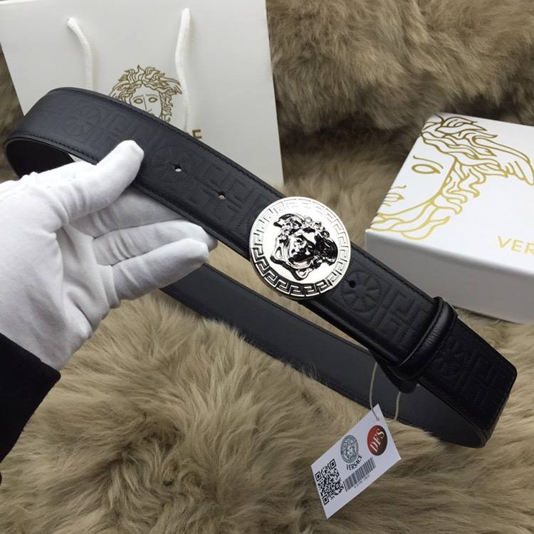 Dây lưng Versace nam đen mặt tròn trắng