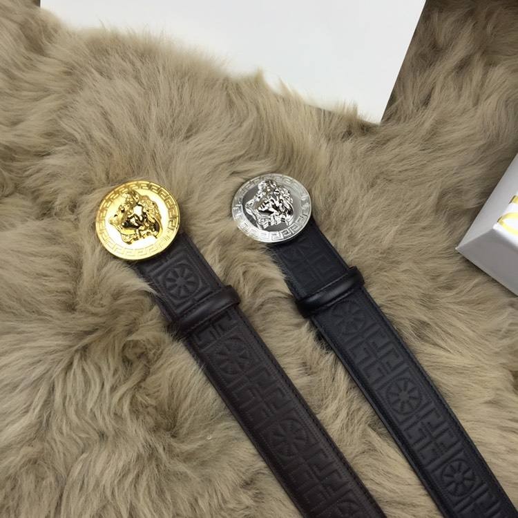 Dây lưng Versace nam đen mặt tròn trắng