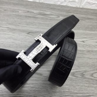 Dây nịt Hermes nam da cá sấu mặt chữ H classic silver siêu cấp