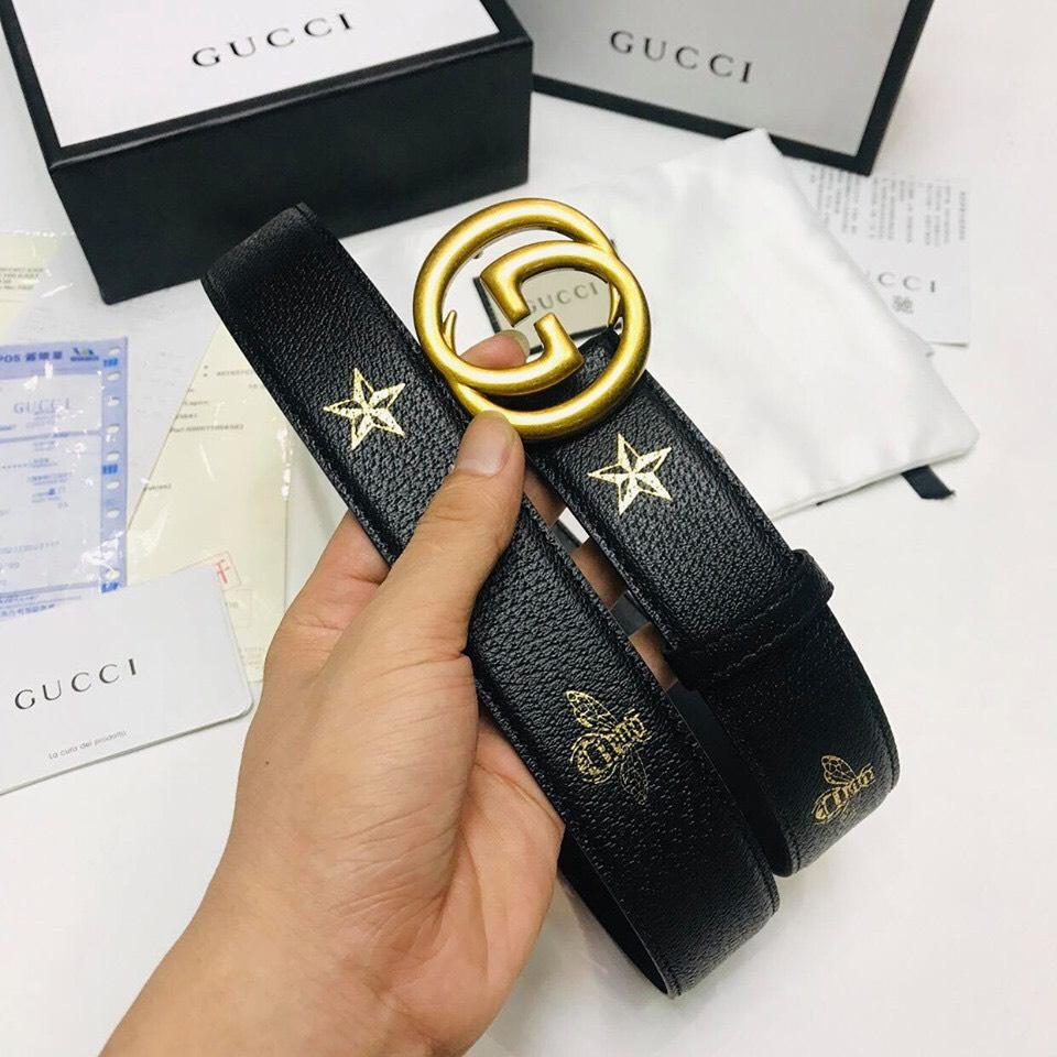 Dây nịt nam Gucci siêu cấp dây họa tiết ngôi sao mặt G vàng