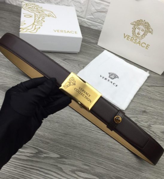 Dây nịt nam Versace siêu cấp nâu mặt chữ nhật vàng