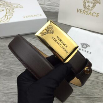 Dây nịt nam Versace siêu cấp nâu mặt chữ nhật vàng