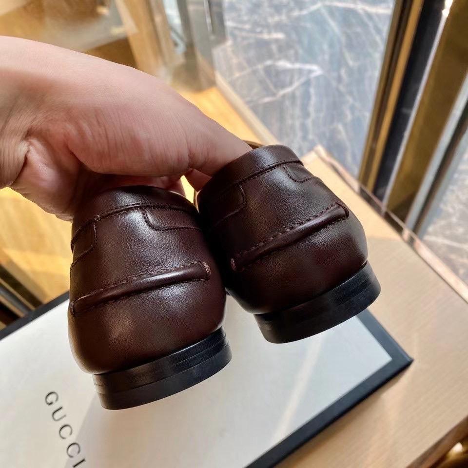 Giày lười Gucci like au đế cao da trơn khóa ngang màu nâu GLGC27