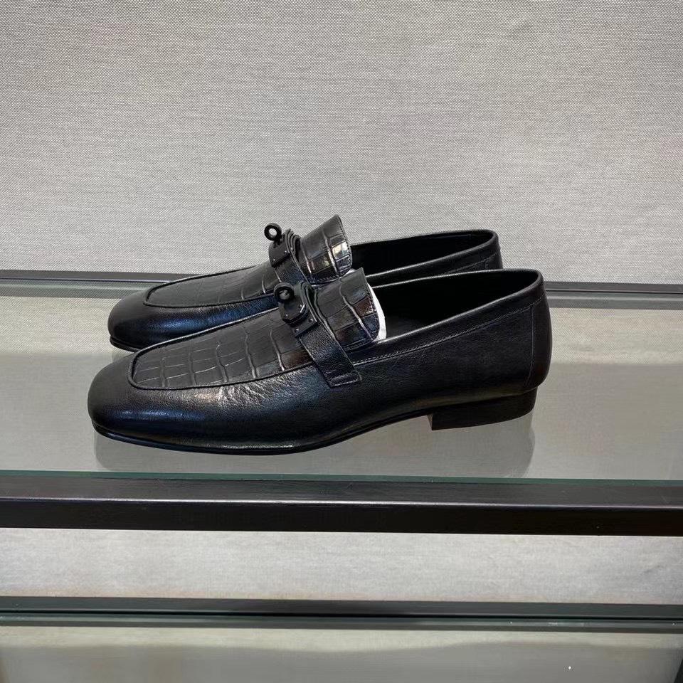 Giày lười Hermes like au đế cao da rạn họa tiết móc tròn GLH02