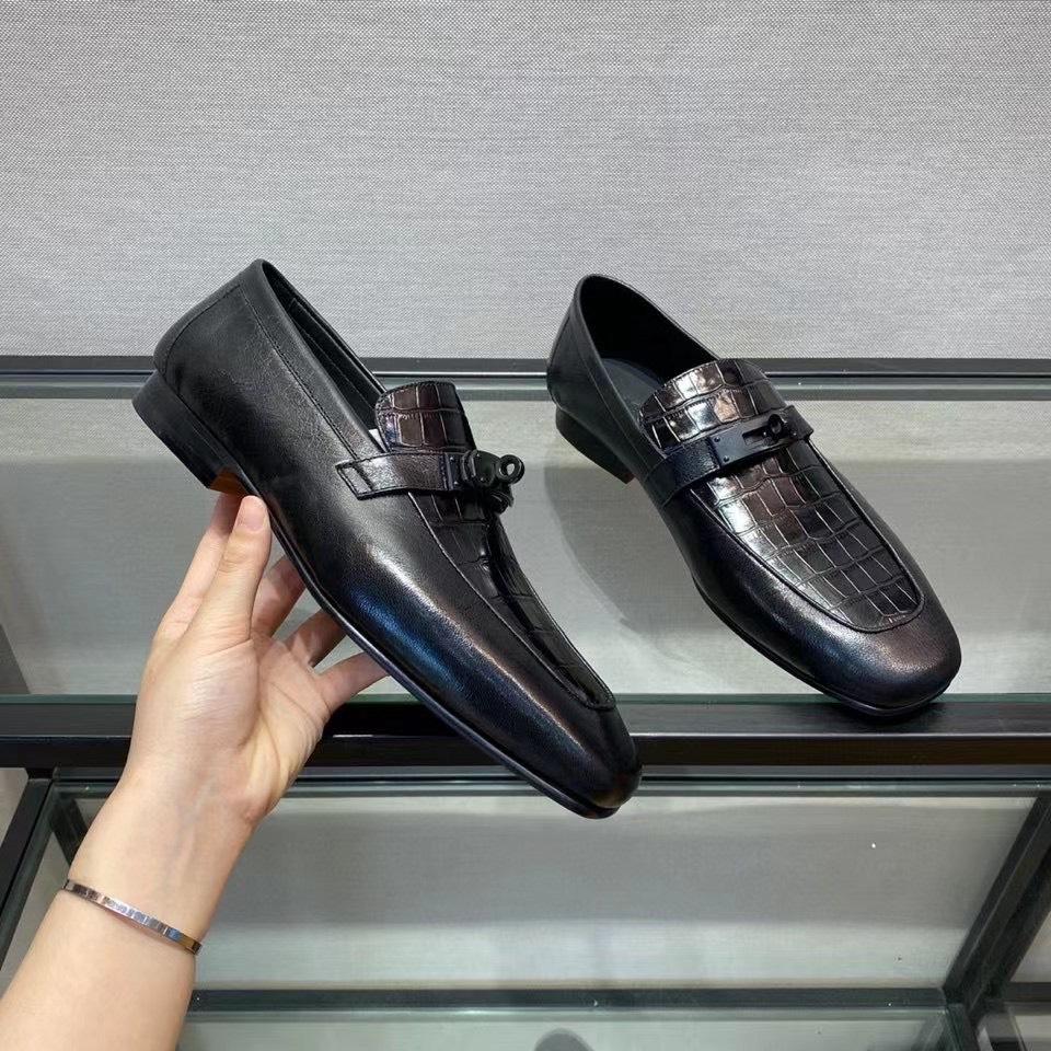 Giày lười Hermes like au đế cao da rạn họa tiết móc tròn GLH02