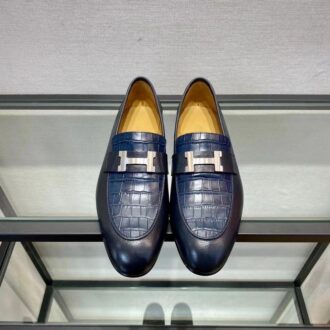 Giày lười Hermes like au đế cao hoạ tiết da rạn xanh đen GLH05