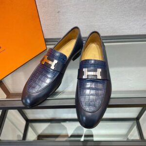 Giày lười Hermes like au đế cao hoạ tiết da rạn xanh đen GLH05