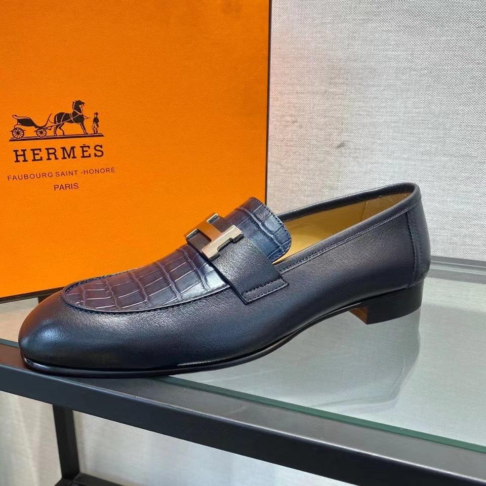 Giày lười Hermes like au đế cao hoạ tiết da rạn xanh đen GLH05