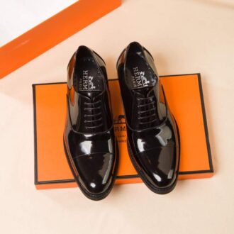Giày nam Hermes siêu cấp đen da bóng cột dây