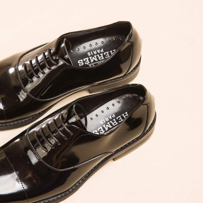 Giày nam Hermes siêu cấp đen da bóng cột dây