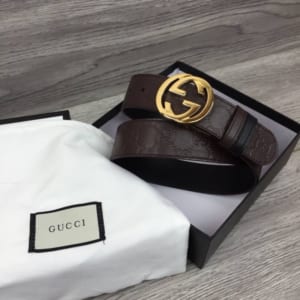 Thắt lưng Gucci nam siêu cấp nâu mặt khóa tròn gold