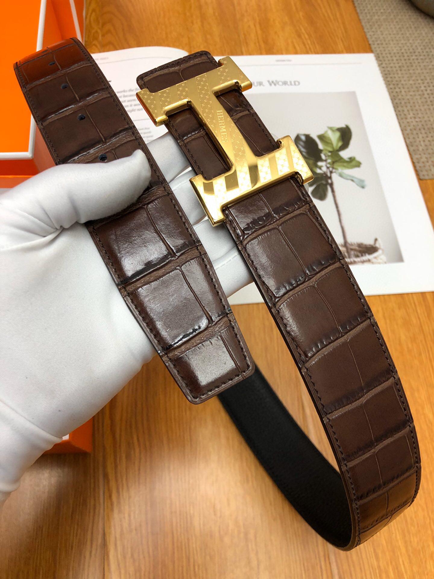 Thắt lưng Hermes like auth vân da cá sấu khóa viền kẻ TLH31