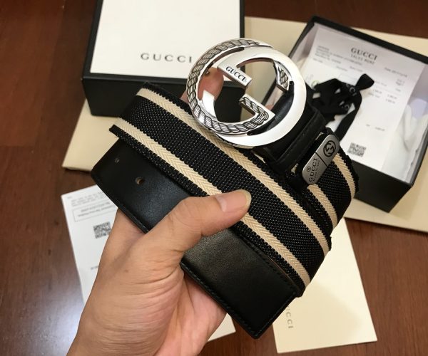 Thắt lưng nam Gucci siêu cấp dây đen trắng mặt khóa logo bạc