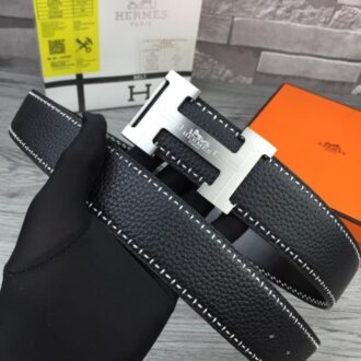 Thắt lưng nam Hermes đen mặt chữ H khắc chữ hàng siêu cấp