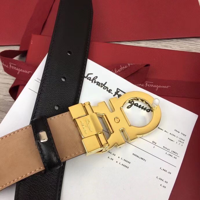 Thắt lưng nam Salvatore Ferragamo siêu cấp da trơn đen nâu khoá logo vàng bóng TLF26