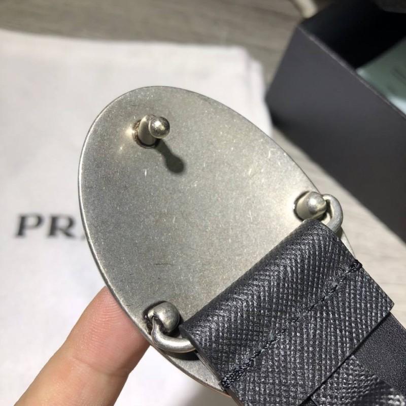 Thắt lưng Prada nam đen mặt bầu dục trơn siêu cấp