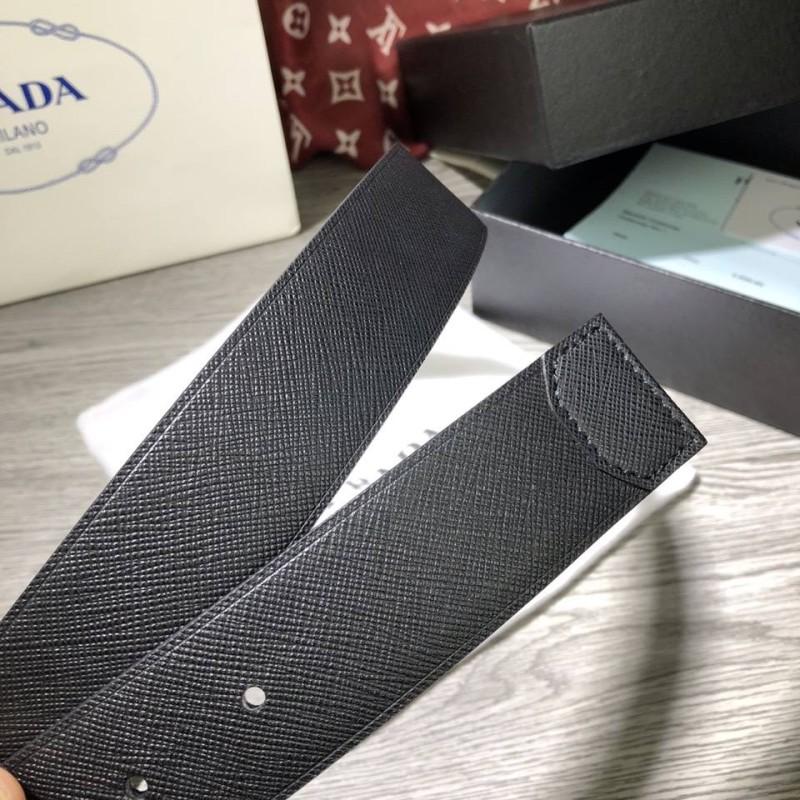 Thắt lưng Prada nam đen mặt bầu dục trơn siêu cấp