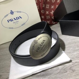 Thắt lưng Prada nam đen mặt bầu dục trơn siêu cấp