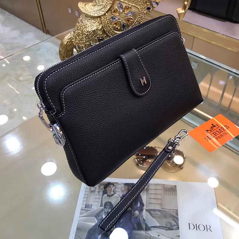 Ví nam Hermes siêu cấp cầm tay da nhăn viền chỉ trắng VNH01