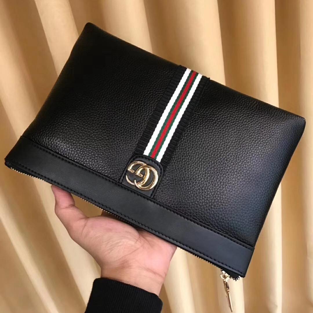 Ví nam Gucci siêu cấp cầm tay đen họa tiết vạch kẻ