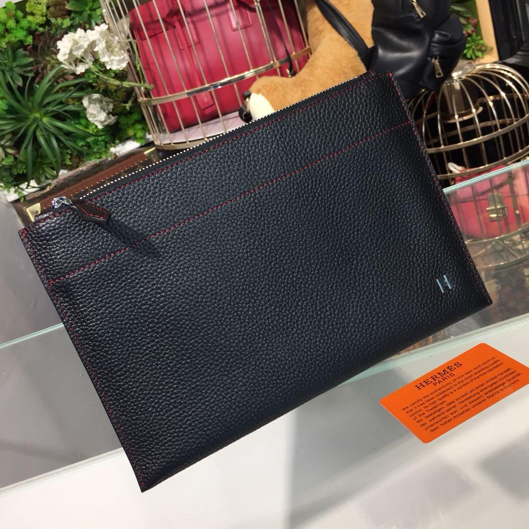 Ví nam Hermes siêu cấp cầm tay đen da nhăn họa tiết chữ H
