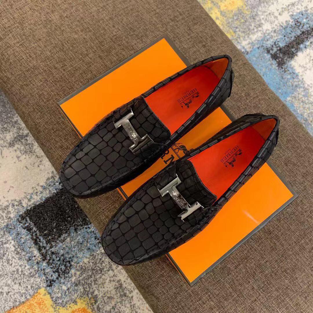 Giày lười Hermes siêu cấp họa tiết vẩy màu đen