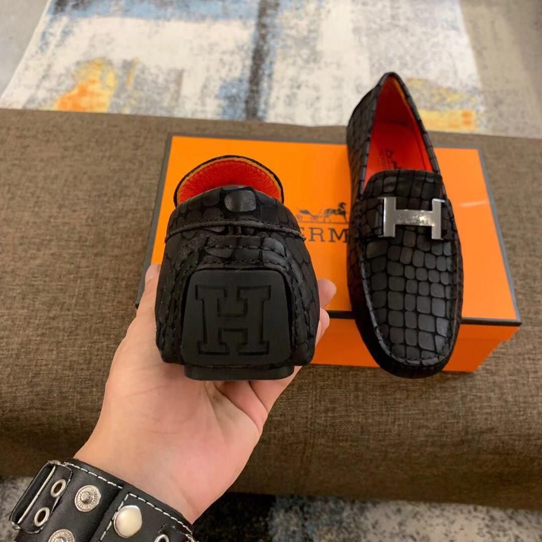 Giày lười Hermes siêu cấp họa tiết vẩy màu đen