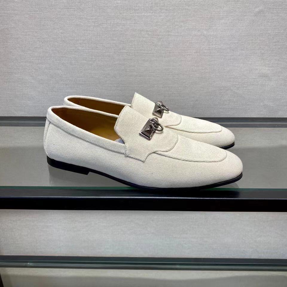 Giày lười Hermes like au đế cao khóa mũi trâu màu trắng GLH19