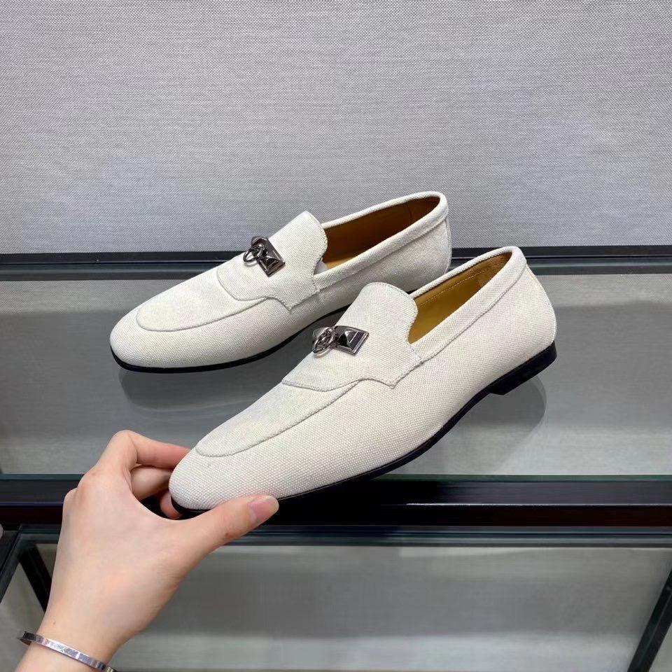 Giày lười Hermes like au đế cao khóa mũi trâu màu trắng GLH19