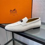 Giày lười Hermes like au đế cao khóa mũi trâu màu trắng GLH19