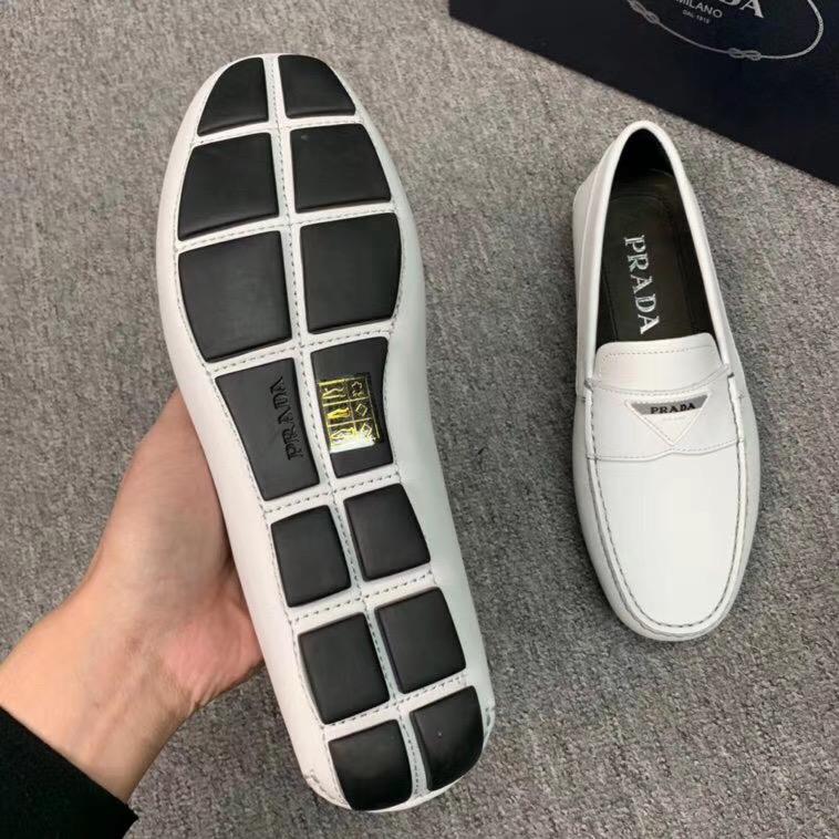 Giày lười Prada siêu cấp da trơn họa tiết logo màu trắng GLP36