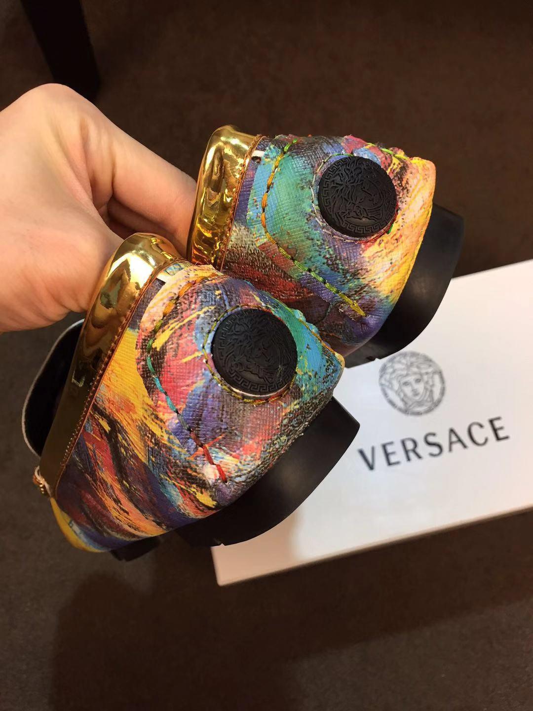 Giày lười Versace siêu cấp họa tiết logo màu xanh vàng