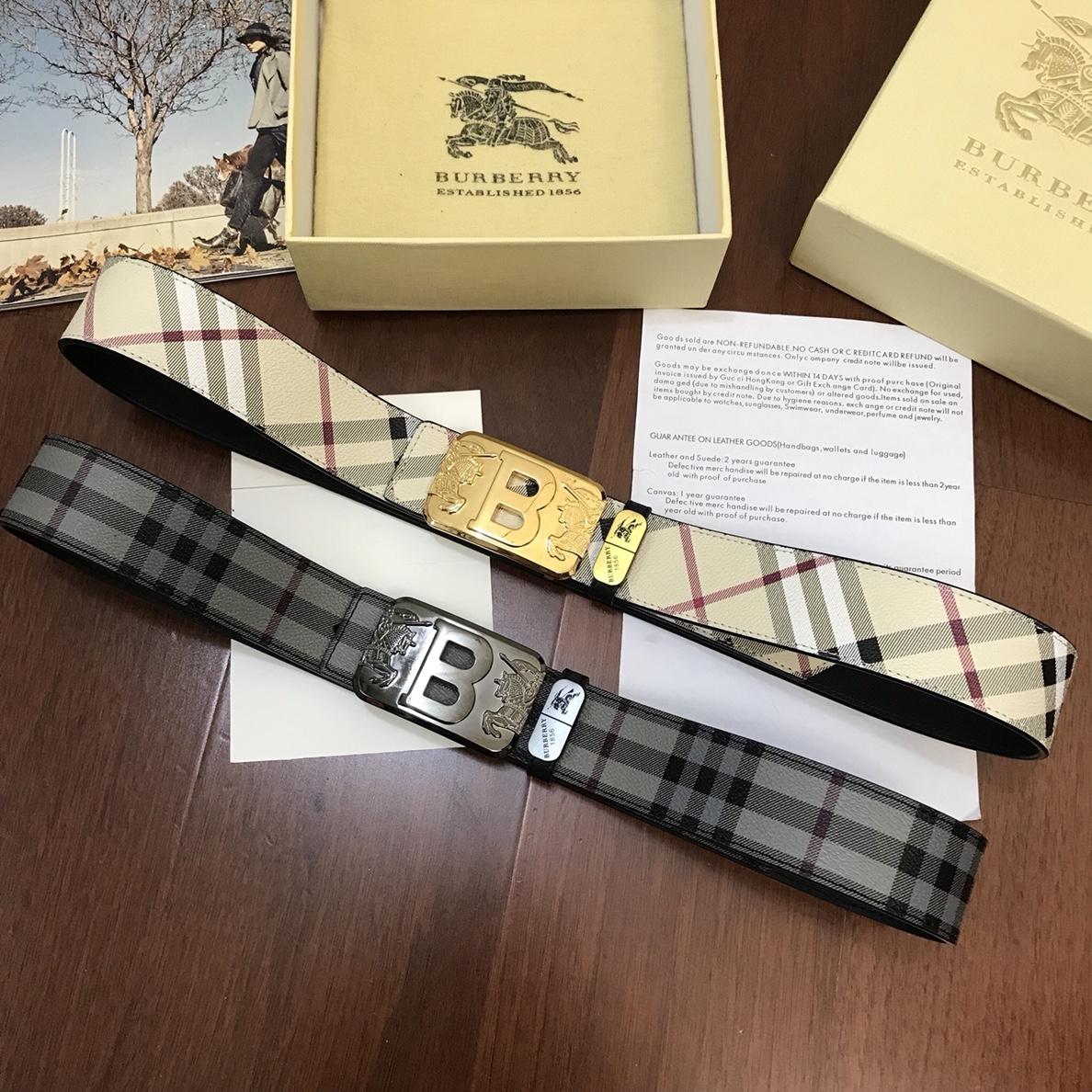 Thắt lưng nam Burberry dây siêu cấp kẻ trắng mặt khóa chữ B 