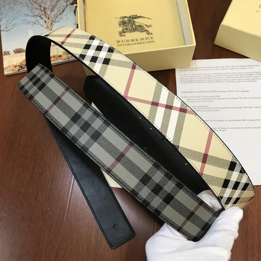 Thắt lưng nam Burberry dây siêu cấp kẻ trắng mặt khóa chữ B 