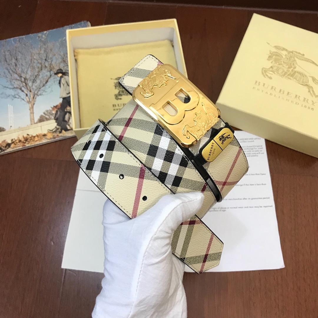 Thắt lưng nam Burberry dây siêu cấp kẻ trắng mặt khóa chữ B 