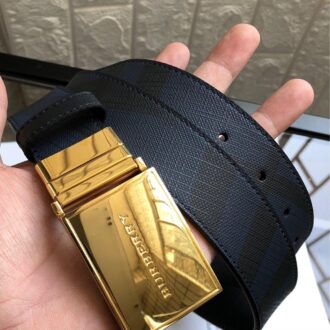 Thắt lưng nam Burberry siêu cấp dây kẻ xanh khóa vàng họa tiết logo