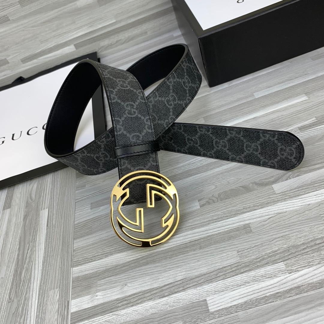 Thắt lưng nam Gucci siêu cấp họa tiết chữ đen mặt khóa logo vàng