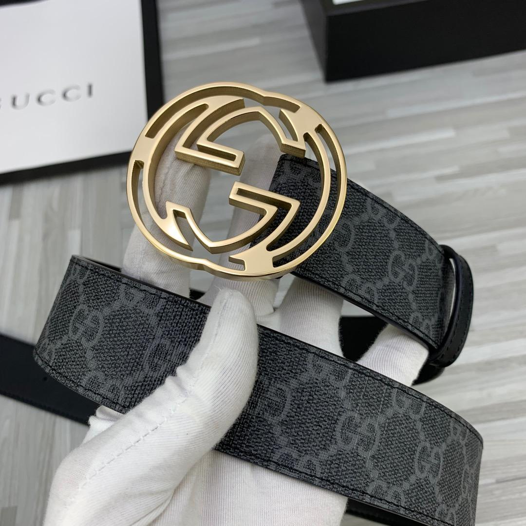 Thắt lưng nam Gucci siêu cấp họa tiết chữ đen mặt khóa logo vàng