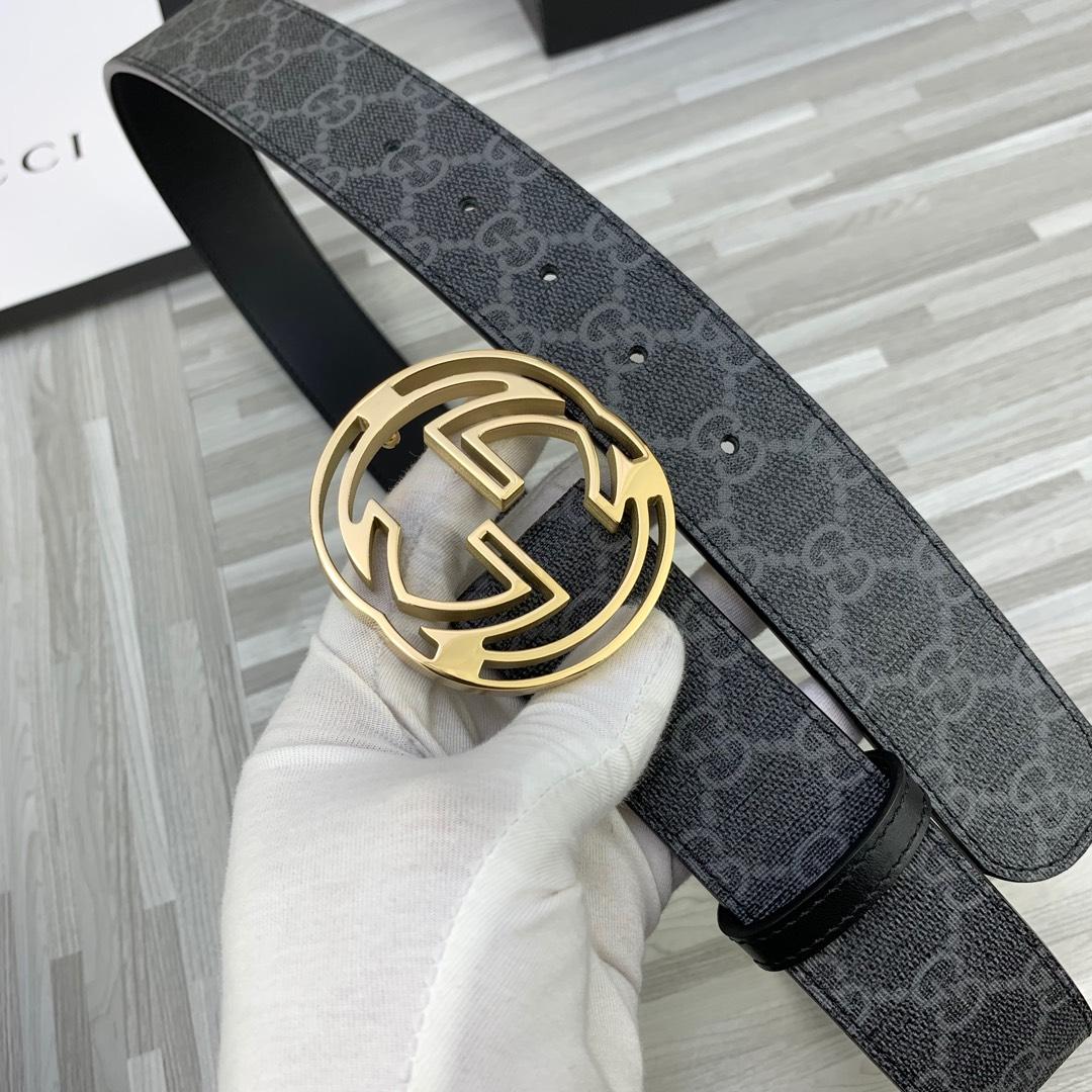 Thắt lưng nam Gucci siêu cấp họa tiết chữ đen mặt khóa logo vàng
