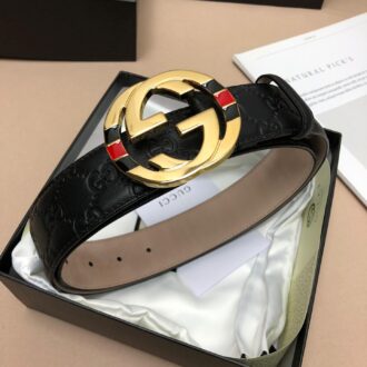 Thắt lưng nam Gucci siêu cấp họa tiết logo kẻ đỏ đen