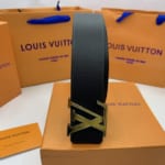 Thắt lưng nam Louis Vuitton hai mặt da trơn khoá logo răng cưa vàng đen TLLV82