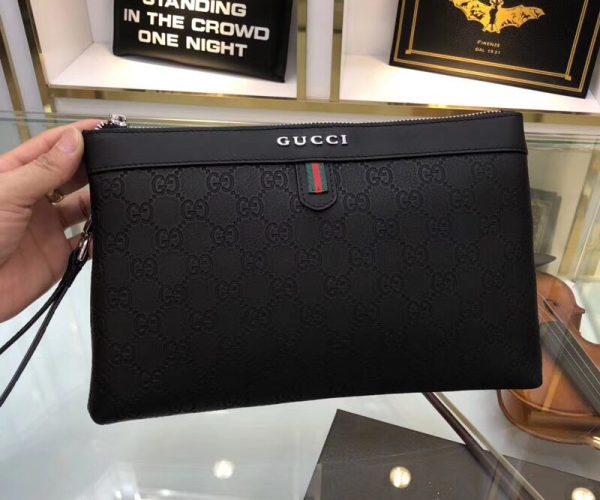 Ví nam Gucci cầm tay siêu cấp họa tiết logo viền kẻ đỏ