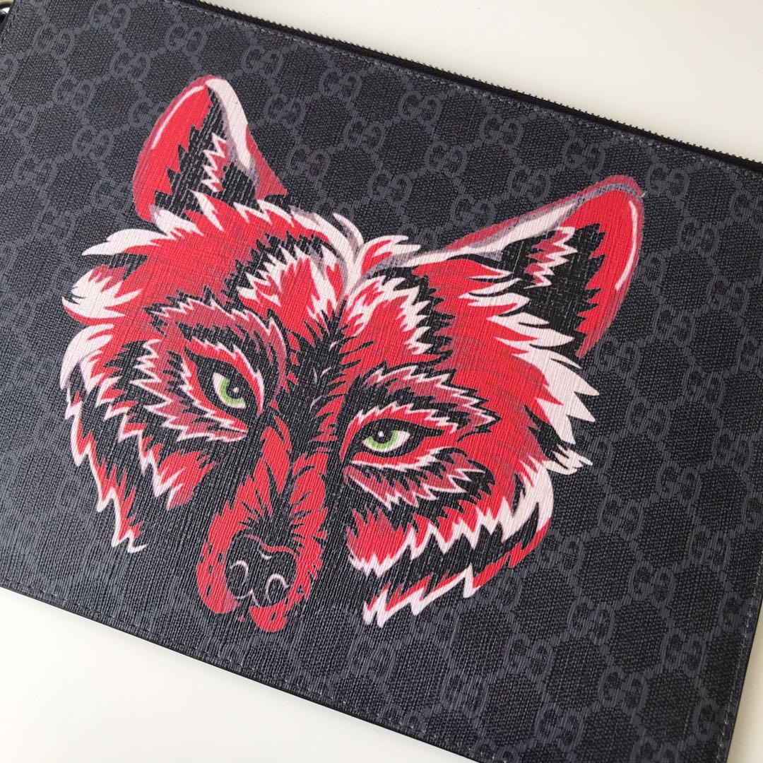 Ví nam Gucci siêu cấp cầm tay xanh đen họa tiết sói