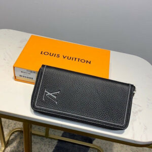 Ví nam Louis Vuitton like au khoá kéo da nhăn viền chỉ trắng VNLV29