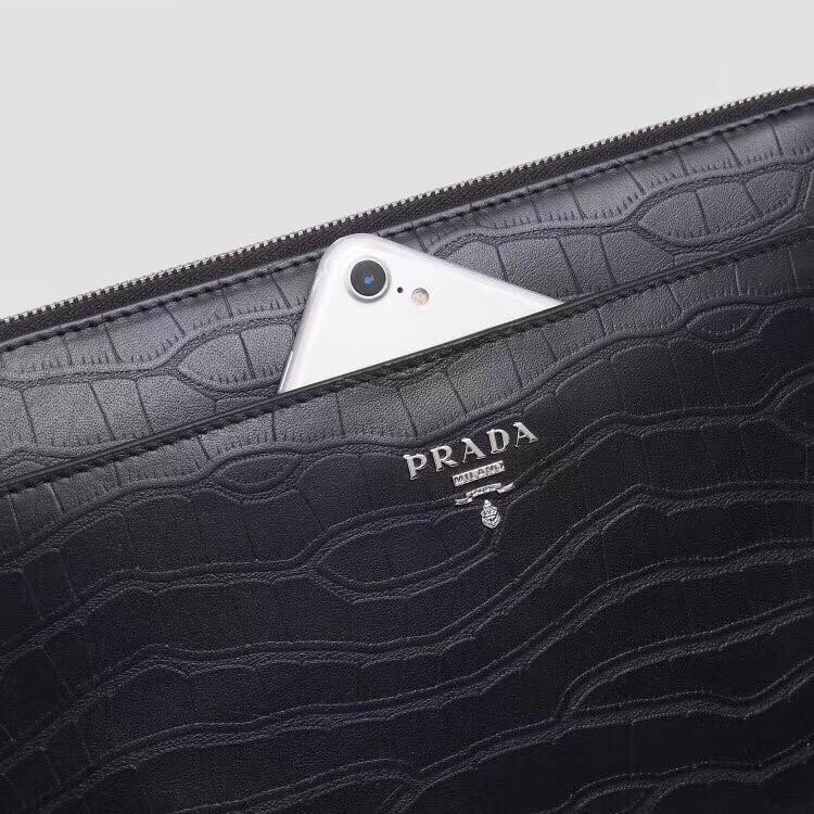 Ví nam Prada siêu cấp cầm tay họa tiết vân kẻ màu đen